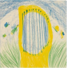 Childrens drawing of Michael singing and our Tone Harp inspired by a Tonalis Music Education workshop